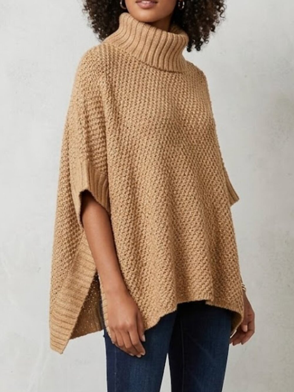 Lou & Grey Poncho Sweater Size M/L Tan Turtleneck Knit Cozy Oversized